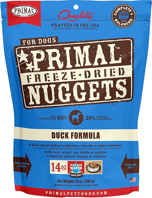 Primal Freeze Dried Dog Food Nuggets, Duck; Complete & Balanced Meal; Also Use as Topper or Treat; Premium, Healthy, Grain Free, High Protein Raw Dog Food, 14 oz