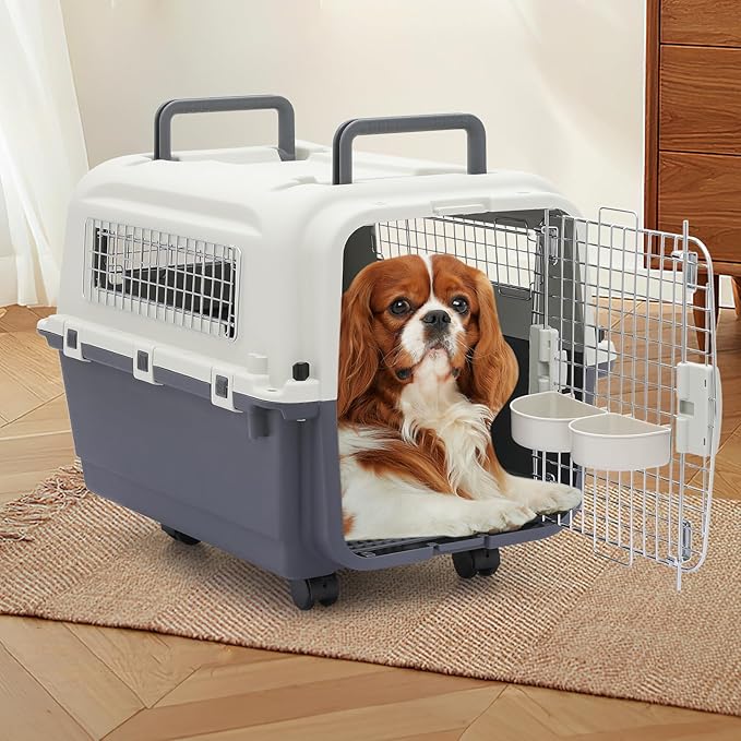 MoNiBloom 25.5-Inch Plastic Carrier with Wheels for Small Dogs and Cats, Multifunction Hard Cat Carrier Dog Kennel Ventilation and Security Lock Design for Pets up to 22 Pounds