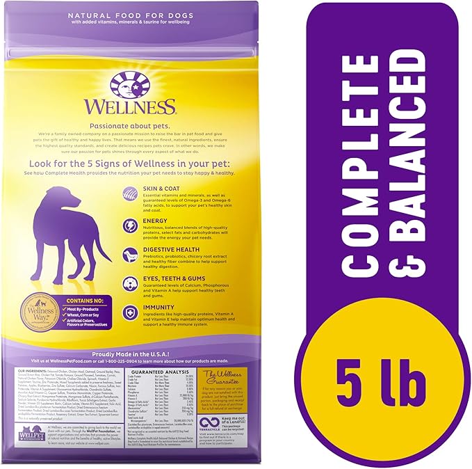 Wellness Complete Health Dry Dog Food with Grains, Natural Ingredients, Made in USA with Real Meat, All Breeds, For Adult Dogs (Chicken & Oatmeal, 5-Pound Bag)