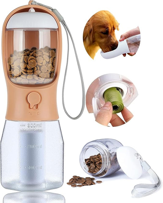 Dog Water Bottle with Food Container, Portable Pet Dog Water Dispenser for Outdoor Walking,Hiking,Travel,Puppy Essentials,Puppy Supplies,Replaceable Waste Bags