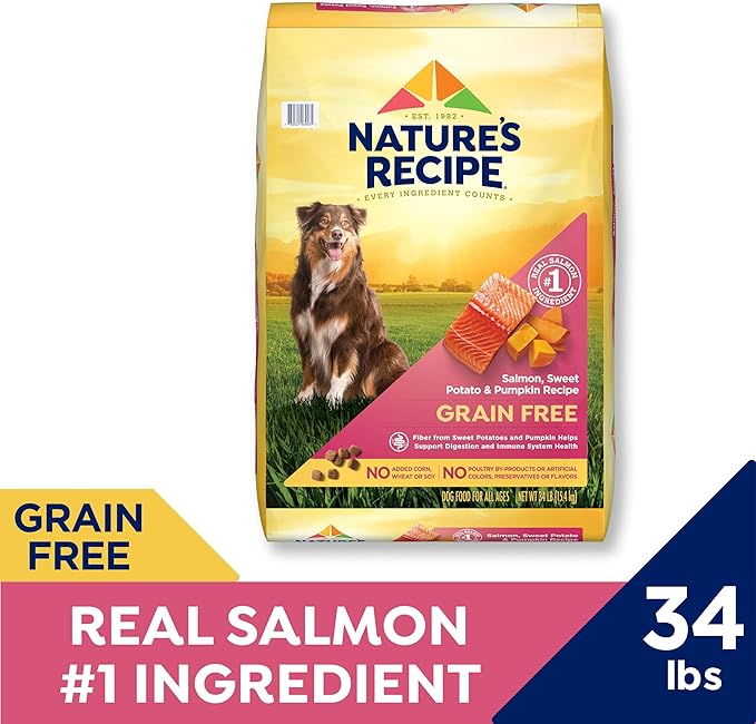 Nature′s Recipe Grain Free Salmon, Sweet Potato & Pumpkin Recipe Dry Dog Food, 34 lb. Bag