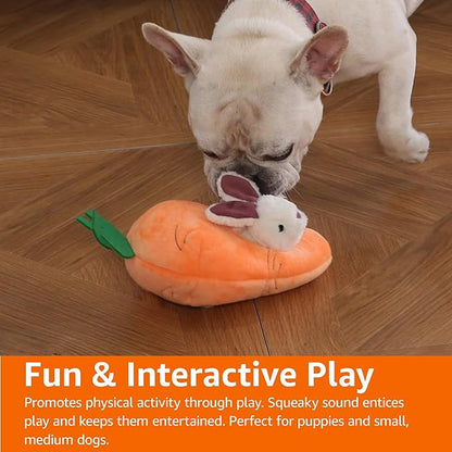 Amazon Basics Hide and Seek Squeaky Dog Plush Toy, Rabbit and Carrot, Orange and white, 5 Pack