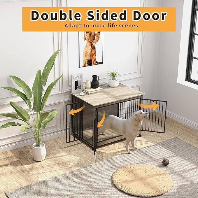 39" Dog Crate Furniture with Rotatable Bowls, Wooden Dog Crate End Table, Decorative Heavy Duty Dog Kennel Furniture Indoor with Double Doors 4 Wheels