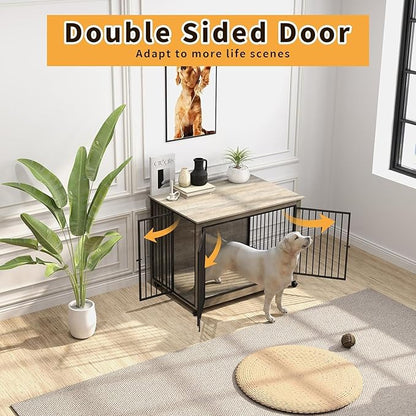 39" Dog Crate Furniture with Rotatable Bowls, Wooden Dog Crate End Table, Decorative Heavy Duty Dog Kennel Furniture Indoor with Double Doors 4 Wheels