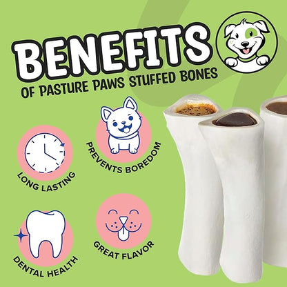 Stuffed Shin Bones for Dogs | Variety Pack Filled Dog Bones with Peanut Butter, Bacon & Cheese, Bully Sticks, Beef and Chicken Flavors | 2” to 3" All Natural Dog Bones | Pack of 5