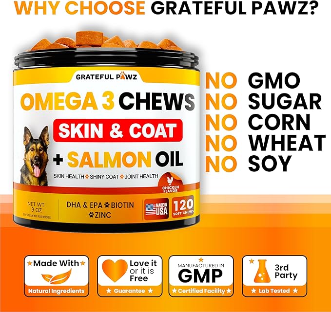 Omega 3 for Dogs - Fish Oil for Dogs Chews - Allergy and Dog Itch Relief - Dog Anti Shedding Supplement - Joint Health Treatment - Dog Skin and Coat Supplement - Salmon Oil - EPA & DHA Fatty Acids