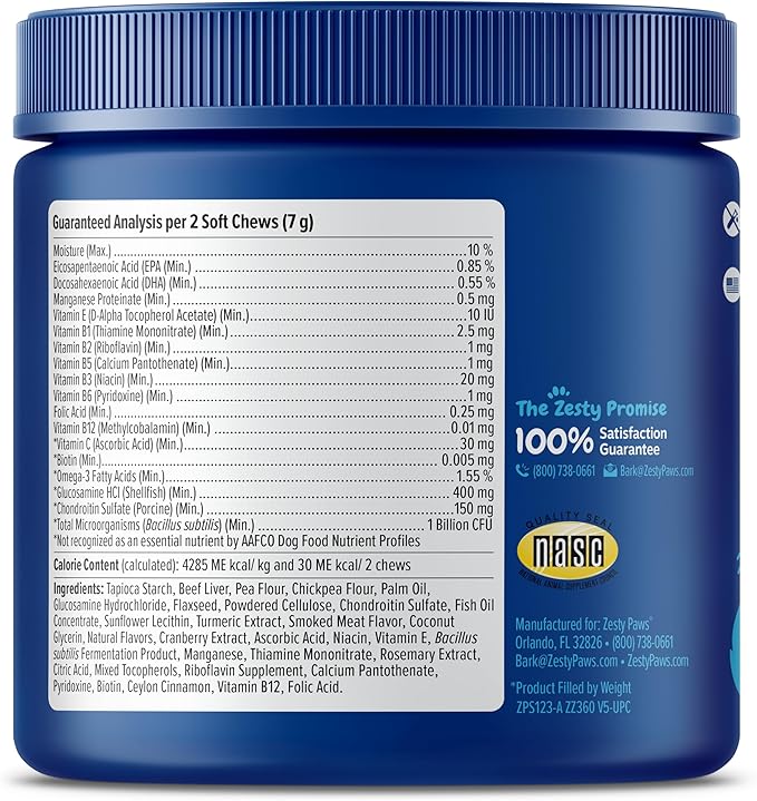 Zesty Paws Multivitamin Treats for Dogs - Glucosamine Chondroitin for Joint Support + Digestive Enzymes & Probiotics - Grain Free Dog Vitamin for Skin & Coat + Immune Health - Beef - Advanced - 90ct