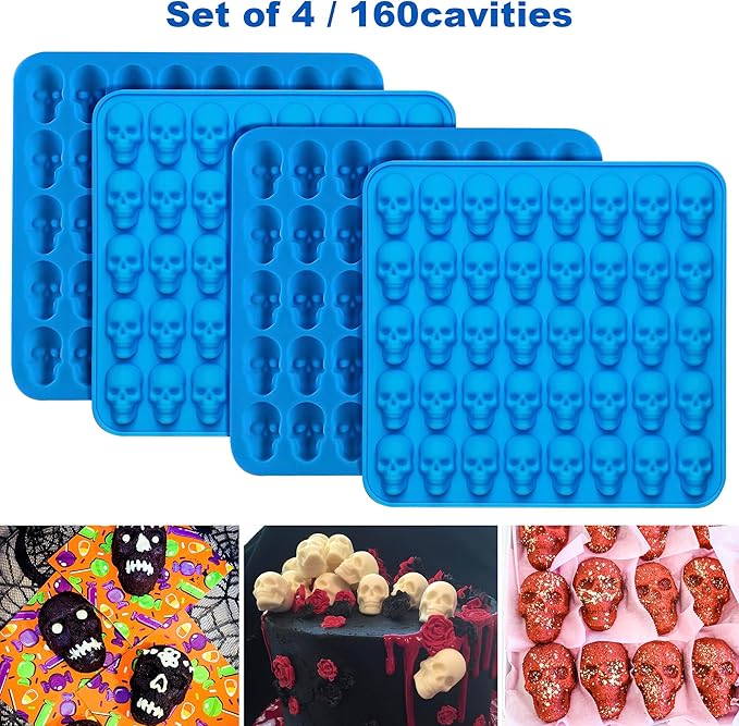 4Pcs Gummy Candy Molds, Gummy Bear Molds, Gummy Dinosaur Molds, Gummy Donut Molds and Gummy Hearts Molds, Non-stick Silicone Candy Molds with 2 Droppers (Skull)