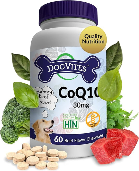 Health Thru Nutrition Dog-Vites CoQ10 for Dogs, 60 Beef-Flavored Chewable Tablets, 30mg