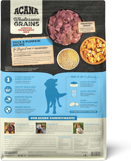 ACANA Wholesome Grains Limited Ingredient Diet Dry Dog Food, Duck & Pumpkin Recipe, Single Protein Duck Dog Food, 4lb