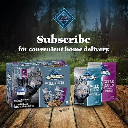 Blue Buffalo Wilderness Trail Toppers Wild Cuts Wet Dog Food Variety Pack, High-Protein & Grain-Free, Made with Natural Ingredients, Chicken and Beef Flavors, 3-oz. Pouches, (12 Count, 6 of Each)