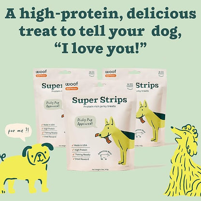 WOOF Super Strips, Protein-Rich Dog Treats, Beef Jerky for Dogs, Training Treats or Meal Booster, Made in The USA