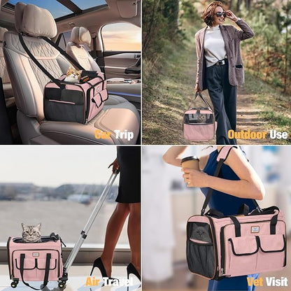 Lekereise Airline Approved Cat Dog Carrier with Wheels Expandable Rolling Pet Carrier for Medium Dogs and Cats Under 15 25LBS, Pet Travel Carrier on Wheels, Pink