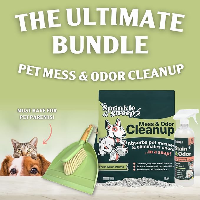 Sprinkle & Sweep Pet Accident Cleanup for all Hard Surface - Non Toxic Quick Pet Mess Cleaner & Odor Remover for Urine, Poop, Vomit, Diarrhea & Potty Training (1Bag + Sweepr Kit + 1 Spray)