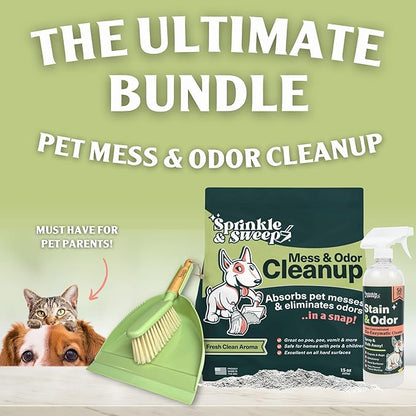 Sprinkle & Sweep Pet Accident Cleanup for all Hard Surface - Non Toxic Quick Pet Mess Cleaner & Odor Remover for Urine, Poop, Vomit, Diarrhea & Potty Training (1Bag + Sweepr Kit + 1 Spray)