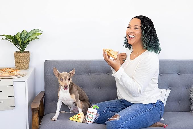 Pearhead Puperoni Dog Toys, Set of 2, Plush Chew Toys, for Pets, Pizza and Drink Dog Toy Set, Must Have Pet Accessories for Dog Owners, Squeaker Toys, All Breeds
