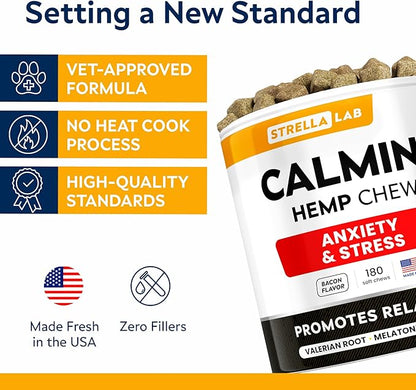Hemp Calming Chews for Dogs - Dog Calming Treats - Anxiety Relief Treats - Dog Calming Chews - Stress - Sleep Calming Aid - Health & Wellness Supplements for Dog Separation Barking - 180 Treats
