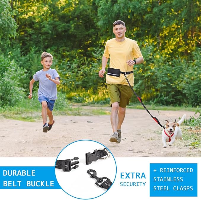 Hands Free Dog Leash with Zipper Pouch, Dual Padded Handles and Durable Bungee for Walking, Jogging and Running Your Dog, Waist Belt Dog Leash, Reflective Running Traction (Red)