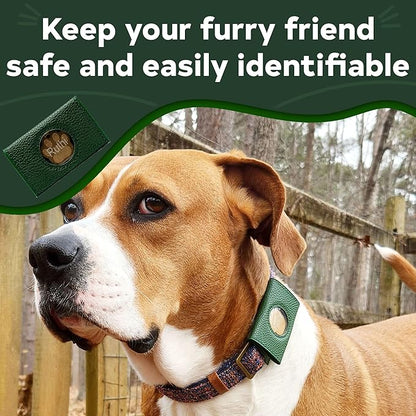 Dog Collar ID Holder - Dog Tag Silencer - No Noise Dog Tag Pouch for Dog Collar - Dog ID Tag Protector - Pockets for Dog accessories, Rabies Tags, Poop bags - Slide on Dog ID - Pet tag (Green)