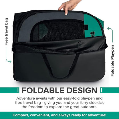 Ruff 'N Ruffus Portable Foldable Pet Playpen + Carrying Case & Collapsible Travel Bowl | Indoor/Outdoor use | Water Resistant | Removable Shade Cover (Medium)