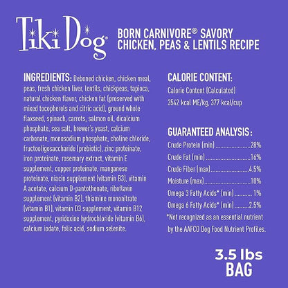 Tiki Dog Born Carnivore for Dogs, Savory Chicken, Peas & Lentils Recipe, Grain Free Baked Kibble for Maximum Nutrition, For Adult Dogs and All Size Breed Dogs, 3.5 lbs. Bag
