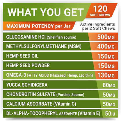 Hemp + Glucosamine Dog Joint Supplement - Hemp Chews for Dogs Hip Joint Pain Relief - Omega 3, Chondroitin, MSM - Advanced Mobility Hemp Oil Treats - Bacon Flavor - 120 Ct - Made in USA