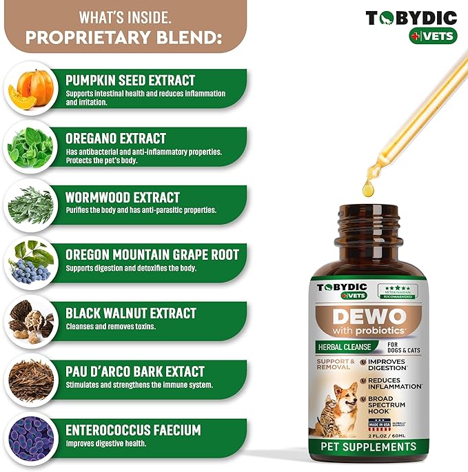 Broad Spectrum Herbal Medicine with Probiotic for Cats & Dogs - Treatment Helps to Remove Tapeworm, Whipworm, Roundworm, and Hookworm - Medication & Supplement Drops - Made in USA