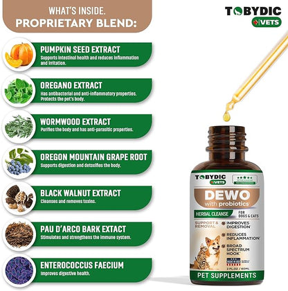 Broad Spectrum Herbal Medicine with Probiotic for Cats & Dogs - Treatment Helps to Remove Tapeworm, Whipworm, Roundworm, and Hookworm - Medication & Supplement Drops - Made in USA