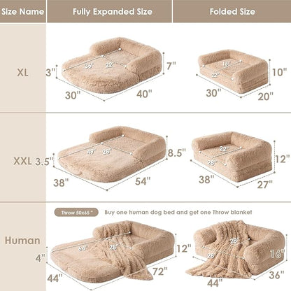 EHEYCIGA Foldable XXL Dog Bed, Faux Fur Fluffy Dog Bed for Extra Large Dogs, Orthopedic Calming Memory Foam Big Dog Couch Bed, Washable Soft Warm Dog Sofa Bed with Non-Slip Bottom, Camel, 54"x38"x8.5"
