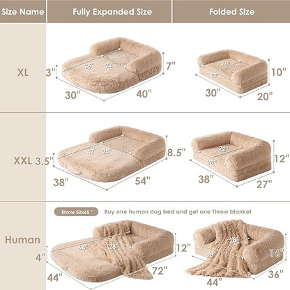 EHEYCIGA Foldable XL Dog Bed, Faux Fur Fluffy Dog Bed for Extra Large Dogs, Orthopedic Calming Memory Foam XL Dog Couch Bed, Washable Soft Warm Dog Sofa Bed with Non-Slip Bottom, Camel, 40"x30"x7"