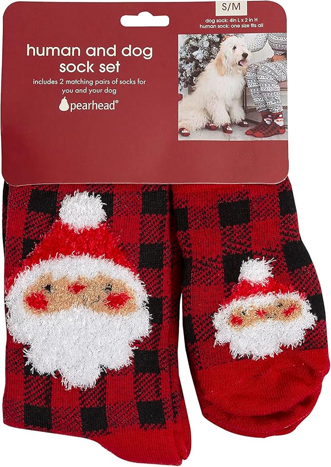 Pearhead Human and Dog Christmas Socks, Matching Pet Owner and Pet Apparel, Novelty Holiday Santa Claus Socks, Unisex One Size Fun Socks, Pet Lover Gifts, Christmas Stocking Stuffer