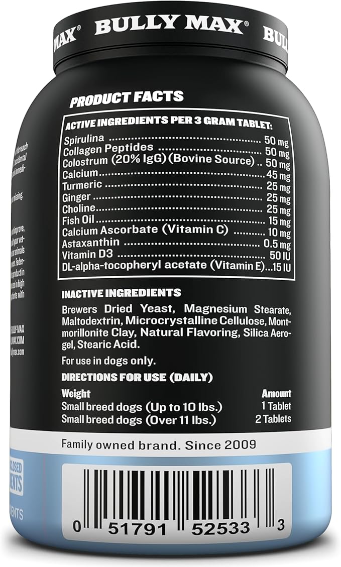 Bully Max Small Breed Dog Immune Support Tablets - Chewable Dog Multivitamin Immunity Booster Supplement Tabs for Puppy & Adult Dogs - Pet Vitamins with Astaxanthin, Colostrum, Turmeric - 30 Tablets