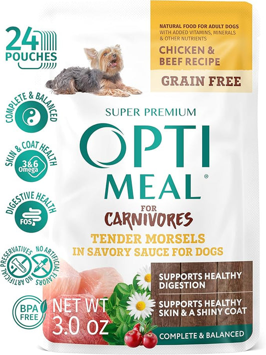 OPtimeal Grain-Free Dog Food - Proudly Ukrainian - Dog Food Wet Recipe to Help Support Healthy Digestion, Non-Grain Wet Dog Food Pouches for Adult Dogs (4.5lbs Total (24 Pouches), Chicken & Beef)