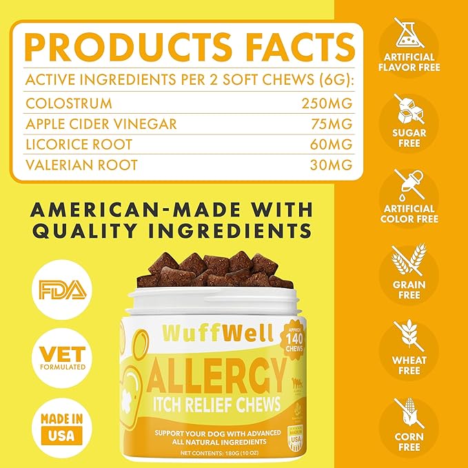 Pet Allergy Chews for Itchy Dog Relief - Allergy and Immune Chews for Dogs - Allergy Chews for Dogs Itching and Linking - Dog Itchy Skin Relief with Colostrum & Apple Cider Vinegar - 140 Ct