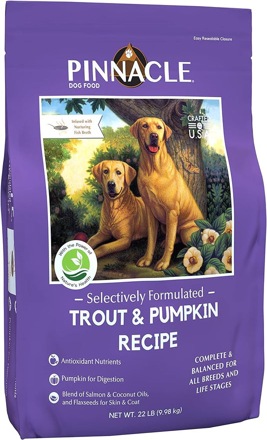 pinnacle pet Trout & Pumpkin Dry Dog Food 22 lb, Infused with Broth