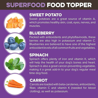 Dog Food Topper - Super Foods - Enhance Your Dogs Meal With This Healthy Vegan Flavor Packed Mix - Sprinkle On Dog Food Flavoring for Picky Eaters - Blueberries, Carrots, Spinach, Sweet Potato - 8oz