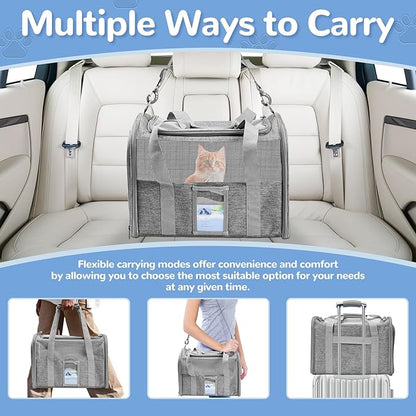 Soft Sided Cat Carrier for Under 18 Pounds, Folable Pet Carrier for Small Medium Cats Dogs, Roomy Dog Travel Carrier, Collapsible Puppy Carrier Bag with Locking Safety Zippers, Gray