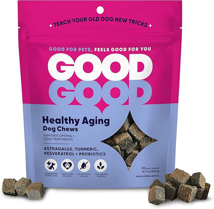 GoodGood Healthy Aging Dog Supplements; Supports Optimal Long-Term Health; Adult or Older Dog; Soft Chews with Astragalus, Turmeric, and Resveratrol; Probiotics; 90 Natural Flavor Chews