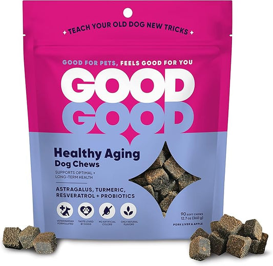 GoodGood Healthy Aging Dog Supplements; Supports Optimal Long-Term Health; Adult or Older Dog; Soft Chews with Astragalus, Turmeric, and Resveratrol; Probiotics; 90 Natural Flavor Chews