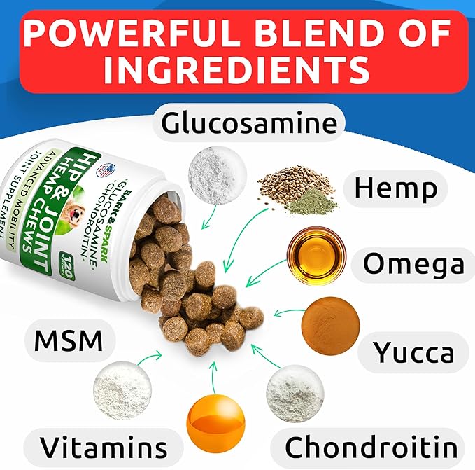 Bark&Spark Advanced Hemp Chews for Dog Joint Pain Relief - Glucosamine Chondroitin Hemp Treats Hip Joint Health - Joint Supplement Large Breed & Small - Hemp Treats Joints Old Senior Dog (120Ct/Lamb)