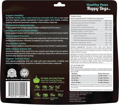 Mobility Hip and Joint Chews for Dogs Maximum Strength | Joints Health Supplement with Glucosamine, Chondroitin, MSM, Turmeric, Green Lipped Mussels, Wild Alaskan Salmon Oil, Omega 3