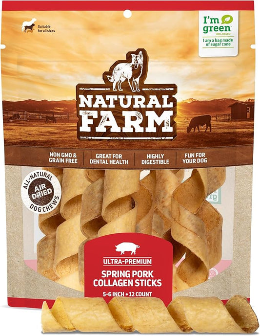 Natural Farm Curly Pork Collagen Sticks (5-6 Inch, 12 pack), Fully Digestible & Natural Dog Chews, Flavorful & Long Lasting, Best for Small & Medium Chewers, Odor-Free Rawhide Alternative