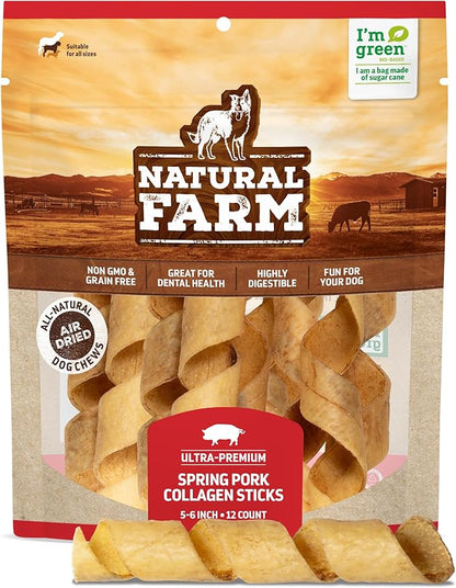 Natural Farm Curly Pork Collagen Sticks (5-6 Inch, 12 pack), Fully Digestible & Natural Dog Chews, Flavorful & Long Lasting, Best for Small & Medium Chewers, Odor-Free Rawhide Alternative