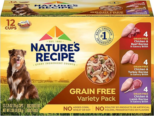 Nature’s Recipe Grain Free Wet Dog Food, Chicken, Beef, Turkey & Lamb Variety Pack, 2.75 Ounce Cup (Pack of 24)