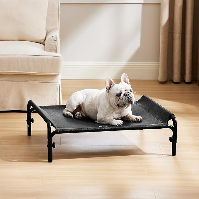 Bedsure Elevated Raised Outdoor Dog Bed - Cooling Dog Cot Bed with Bolster for Medium Dog, Lifted Pet Bed with Durable Breathable Teslin Mesh, Dog Hammock Bed with Non-Slip Feet, Black, 32 inches