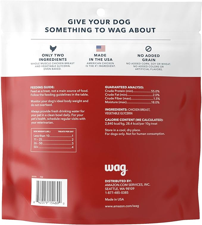 Amazon Brand – Wag Chewy Whole Muscle American Jerky Made in USA Dog Treats – Chicken (1 lb), Grain Free