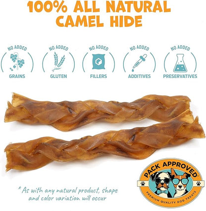 6" Braided Camel Sticks - Long Lasting Dog Chews for Aggressive Chewers - Rawhide Alternative, Grain free, One Ingredient Dog Treats - Great for Dog Dental Care - (10 pack)
