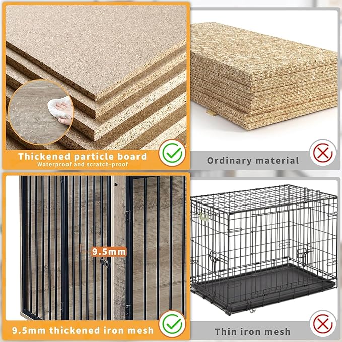 39" Dog Crate Furniture with Rotatable Bowls, Wooden Dog Crate End Table, Decorative Heavy Duty Dog Kennel Furniture Indoor with Double Doors 4 Wheels