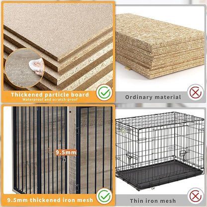 39" Dog Crate Furniture with Rotatable Bowls, Wooden Dog Crate End Table, Decorative Heavy Duty Dog Kennel Furniture Indoor with Double Doors 4 Wheels