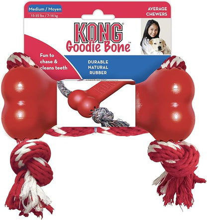 KONG Goodie Bone with Rope - Classic Durable Natural Rubber Dog Bone, Supports Mental Engagement - Treat Dispensing - Red - for Medium Dogs
